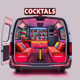 A detailed design layout of a minivan converted into a cocktail bar