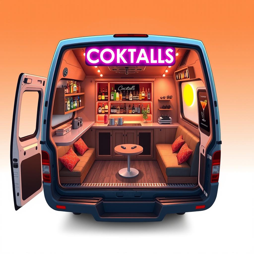 A detailed design layout of a minivan converted into a cocktail bar