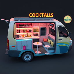 A detailed design layout of a minivan converted into a cocktail bar