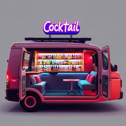 A detailed design layout of a minivan converted into a cocktail bar