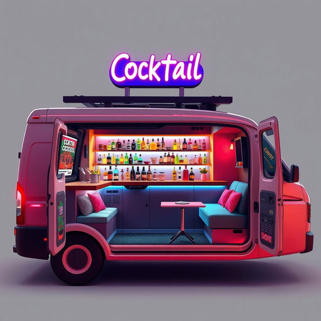 A detailed design layout of a minivan converted into a cocktail bar