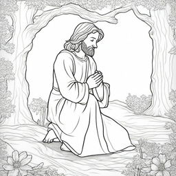 A contemplative colouring book page depicting Jesus in a moment of prayer, humbly kneeling on the ground.