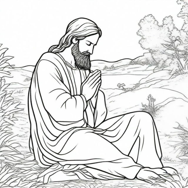 A contemplative colouring book page depicting Jesus in a moment of prayer, humbly kneeling on the ground.