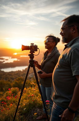 A black middle-aged man with a video camera mounted on a tripod, capturing the beautiful scenery, stands proudly on the crest of a hill
