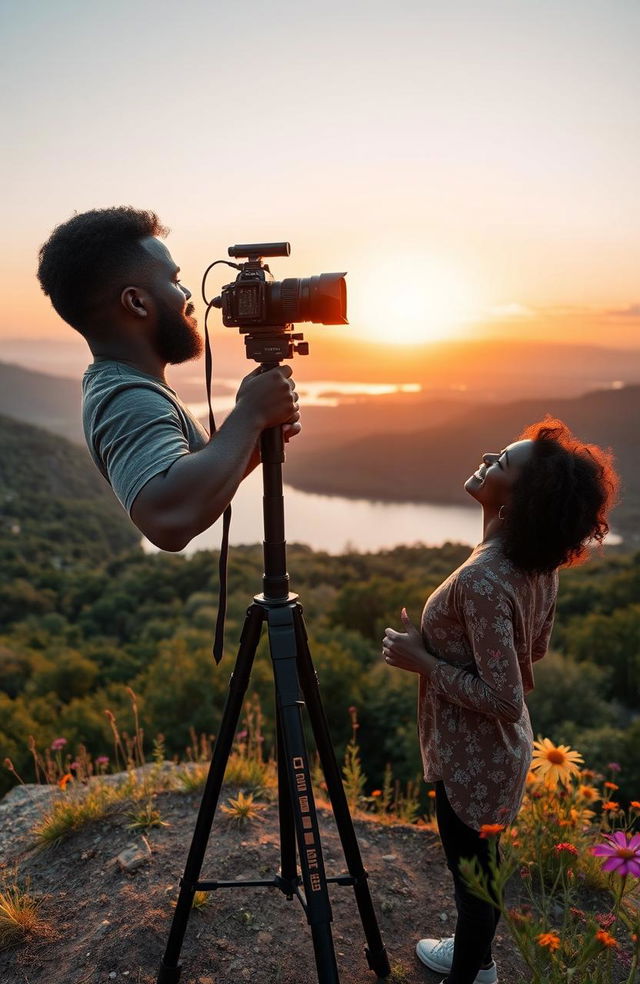 A black middle-aged man with a video camera mounted on a tripod, capturing the beautiful scenery, stands proudly on the crest of a hill