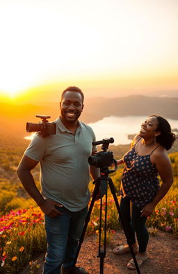 A black middle-aged man with a video camera mounted on a tripod, capturing the beautiful scenery, stands proudly on the crest of a hill