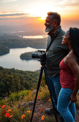 A black middle-aged man with a video camera mounted on a tripod, capturing the beautiful scenery, stands proudly on the crest of a hill