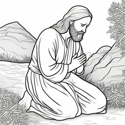 A contemplative colouring book page depicting Jesus in a moment of prayer, humbly kneeling on the ground.