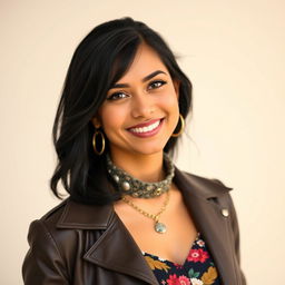 A 35-year-old woman with beautiful black hair and an enchanting Latina appearance, dressed in fashionable clothing that reflects her unique style