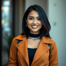 A 35-year-old woman with beautiful black hair and an enchanting Latina appearance, dressed in fashionable clothing that reflects her unique style