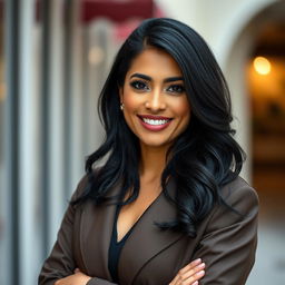 A 35-year-old woman with beautiful black hair and an enchanting Latina appearance, dressed in fashionable clothing that reflects her unique style