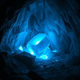 A stunning, shiny blue ice crystal nestled deep within a dark, mysterious cave
