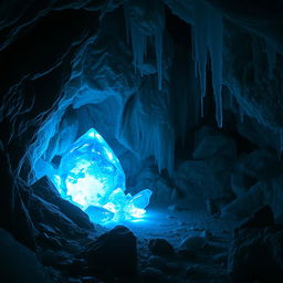 A stunning, shiny blue ice crystal nestled deep within a dark, mysterious cave
