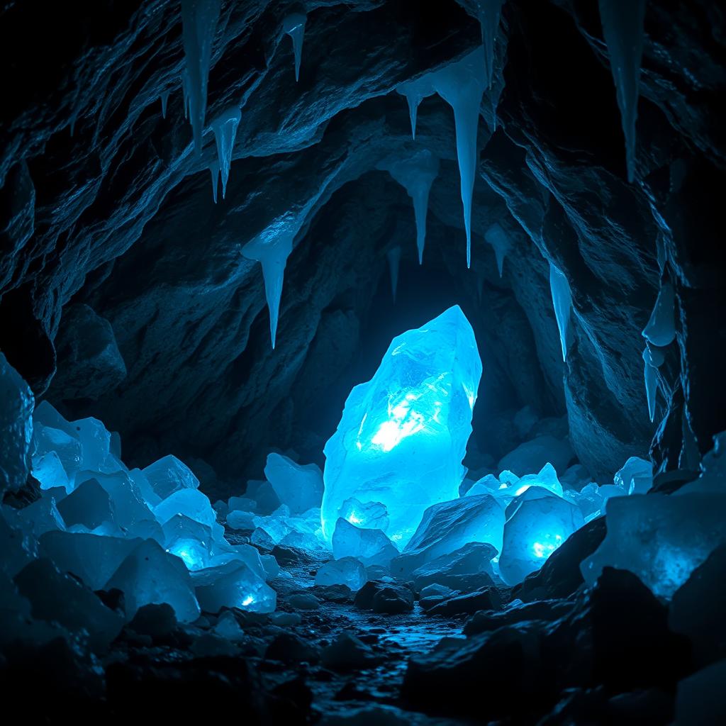 A stunning, shiny blue ice crystal nestled deep within a dark, mysterious cave