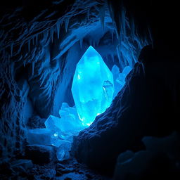 A stunning, shiny blue ice crystal nestled deep within a dark, mysterious cave