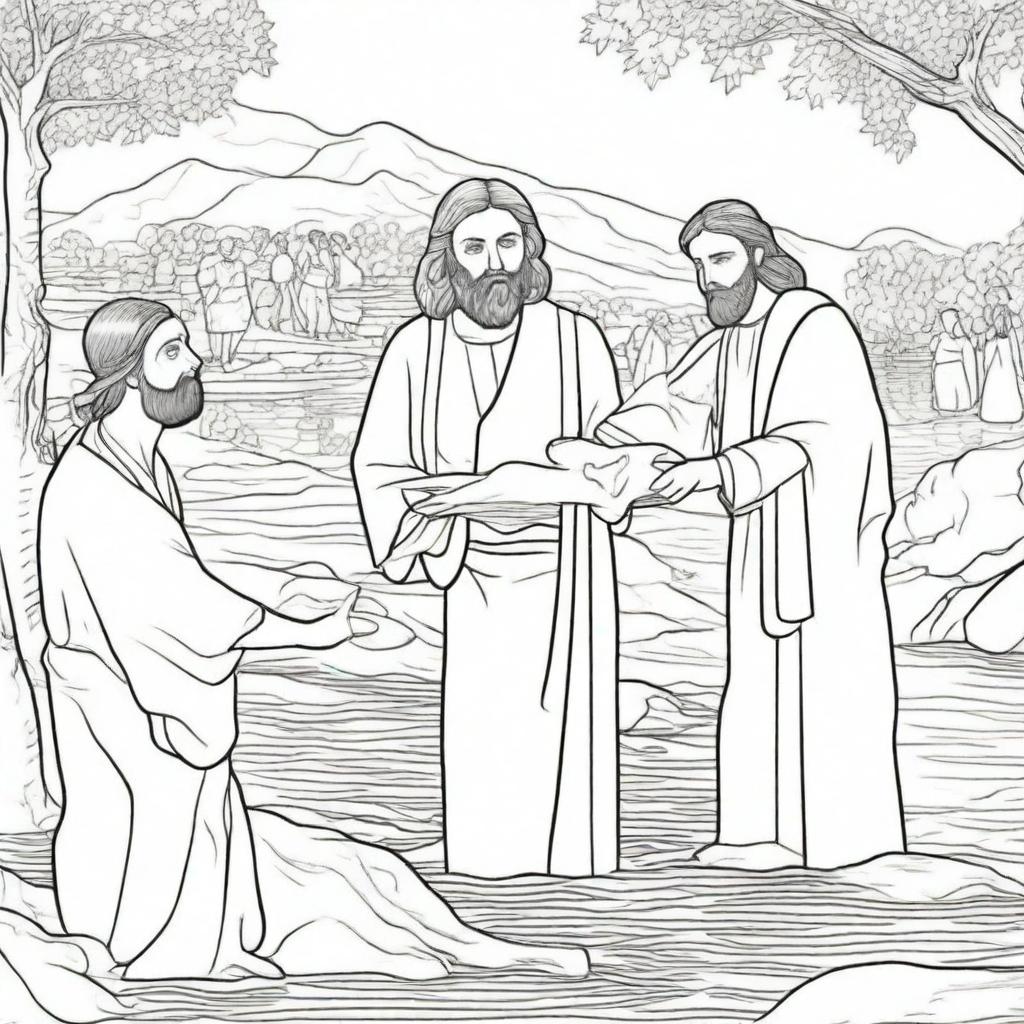 A dynamic colouring book page depicting Jesus as he imparts the sacrament of baptism to a line of people by a river.