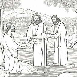 A dynamic colouring book page depicting Jesus as he imparts the sacrament of baptism to a line of people by a river.