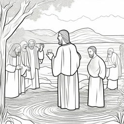 A dynamic colouring book page depicting Jesus as he imparts the sacrament of baptism to a line of people by a river.