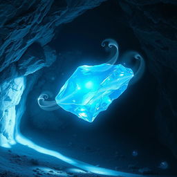 A mesmerizing, shiny blue ice crystal floating gently in a dark cave, surrounded by a cold, mystical aura
