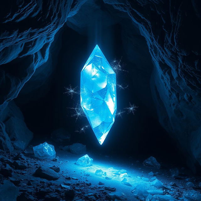 A mesmerizing, shiny blue ice crystal floating gently in a dark cave, surrounded by a cold, mystical aura