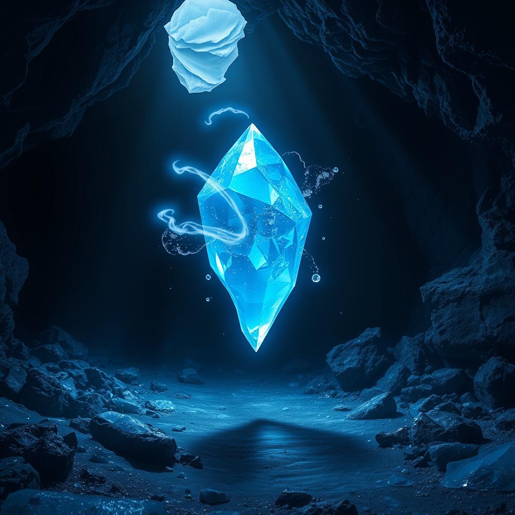 A mesmerizing, shiny blue ice crystal floating gently in a dark cave, surrounded by a cold, mystical aura