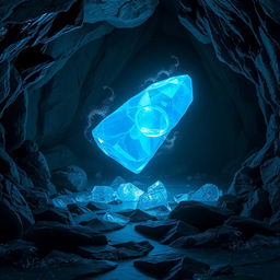 A mesmerizing, shiny blue ice crystal floating gently in a dark cave, surrounded by a cold, mystical aura