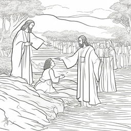 A dynamic colouring book page depicting Jesus as he imparts the sacrament of baptism to a line of people by a river.