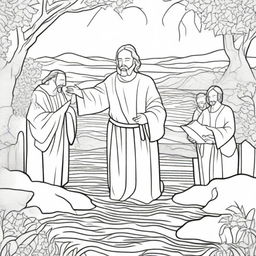 A dynamic colouring book page depicting Jesus as he imparts the sacrament of baptism to a line of people by a river.