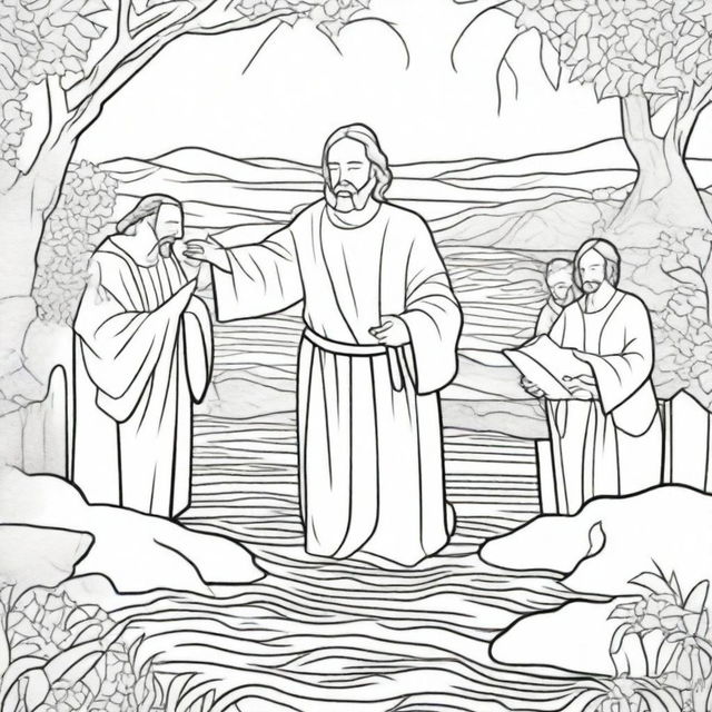 A dynamic colouring book page depicting Jesus as he imparts the sacrament of baptism to a line of people by a river.