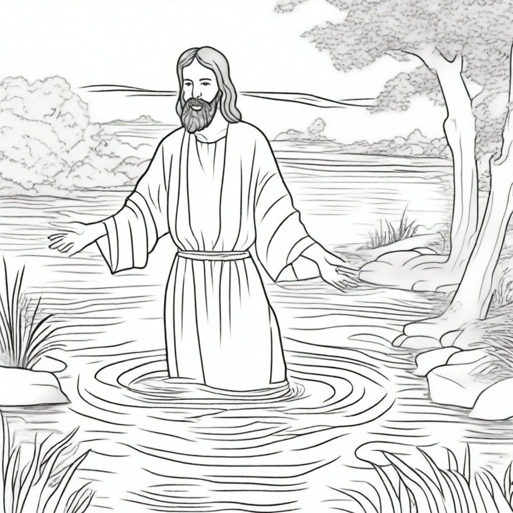 A colouring book scene of Jesus immersing people one by one into the water for baptism within a tranquil river setting.