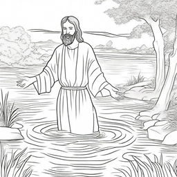 A colouring book scene of Jesus immersing people one by one into the water for baptism within a tranquil river setting.