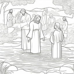 A colouring book scene of Jesus immersing people one by one into the water for baptism within a tranquil river setting.