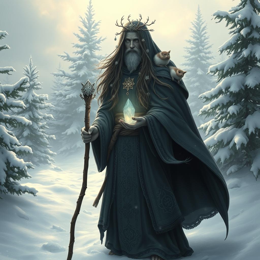 A mystical druid standing amidst a serene snowy landscape, wearing an intricately detailed cloak adorned with ancient symbols and natural elements