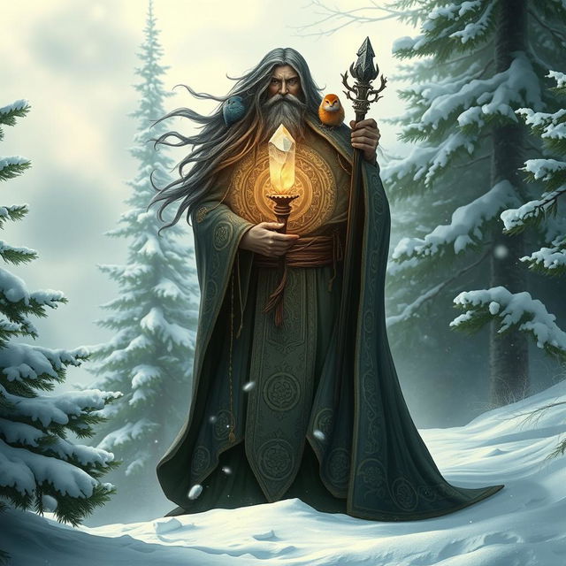 A mystical druid standing amidst a serene snowy landscape, wearing an intricately detailed cloak adorned with ancient symbols and natural elements