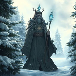 A mystical druid standing amidst a serene snowy landscape, wearing an intricately detailed cloak adorned with ancient symbols and natural elements