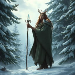 A mystical druid standing amidst a serene snowy landscape, wearing an intricately detailed cloak adorned with ancient symbols and natural elements