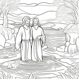 A colouring book scene of Jesus immersing people one by one into the water for baptism within a tranquil river setting.