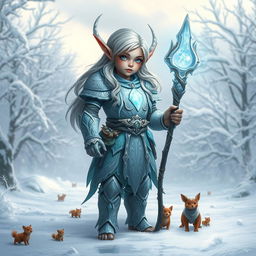 A thiefling druid standing proudly in a snowy landscape, adorned in intricately designed armor made of ice and snow that reflects the ethereal beauty of winter