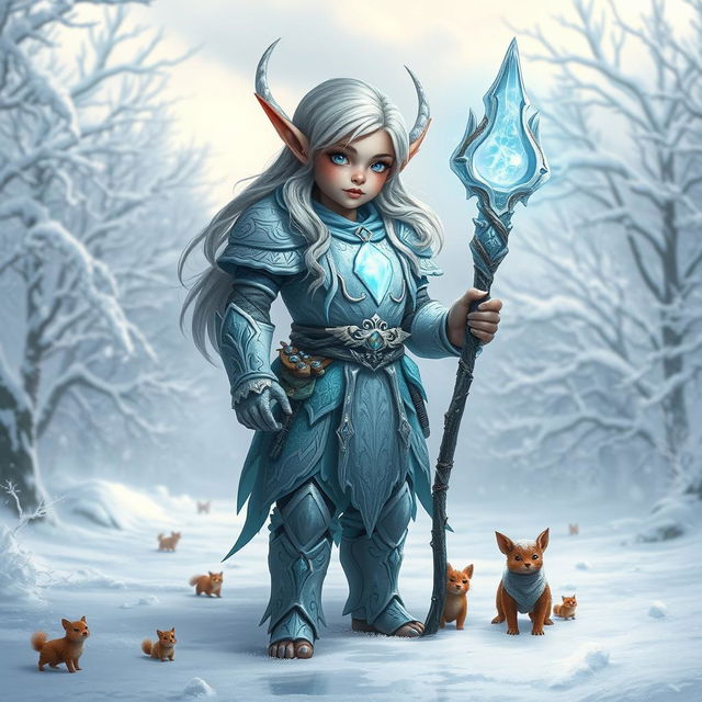 A thiefling druid standing proudly in a snowy landscape, adorned in intricately designed armor made of ice and snow that reflects the ethereal beauty of winter