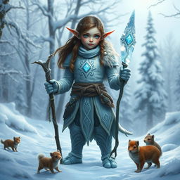 A thiefling druid standing proudly in a snowy landscape, adorned in intricately designed armor made of ice and snow that reflects the ethereal beauty of winter