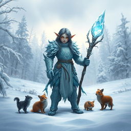 A thiefling druid standing proudly in a snowy landscape, adorned in intricately designed armor made of ice and snow that reflects the ethereal beauty of winter