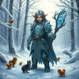 A thiefling druid standing proudly in a snowy landscape, adorned in intricately designed armor made of ice and snow that reflects the ethereal beauty of winter