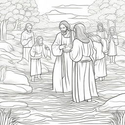 A colouring book scene of Jesus immersing people one by one into the water for baptism within a tranquil river setting.