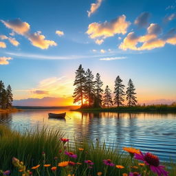 A serene landscape featuring a tranquil lake surrounded by tall pine trees under a clear blue sky