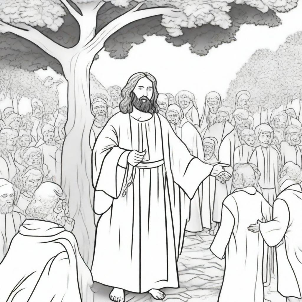 An intriguing colouring book page of Jesus guiding a crowd of people towards an apprehensive man hiding in a tree.