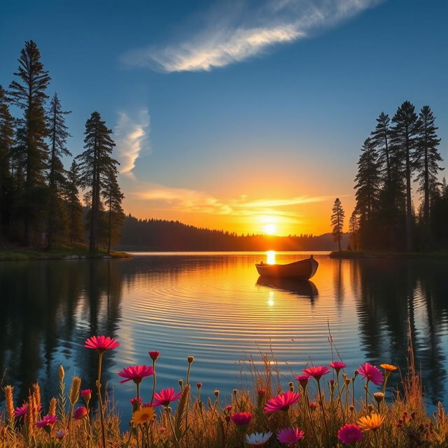 A serene landscape featuring a tranquil lake surrounded by tall pine trees under a clear blue sky