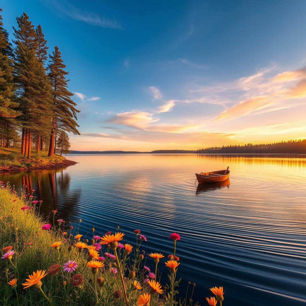 A serene landscape featuring a tranquil lake surrounded by tall pine trees under a clear blue sky