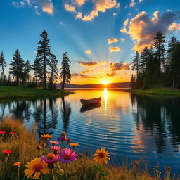 A serene landscape featuring a tranquil lake surrounded by tall pine trees under a clear blue sky