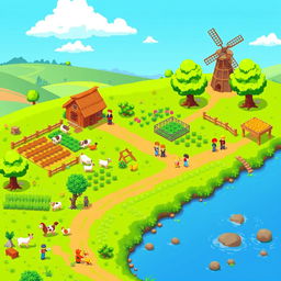 A vibrant rural game scene in pixel art style, featuring lush green fields, a small cozy farmhouse with a thatched roof, a windmill gently turning in the background, and a bright blue sky with a few fluffy clouds