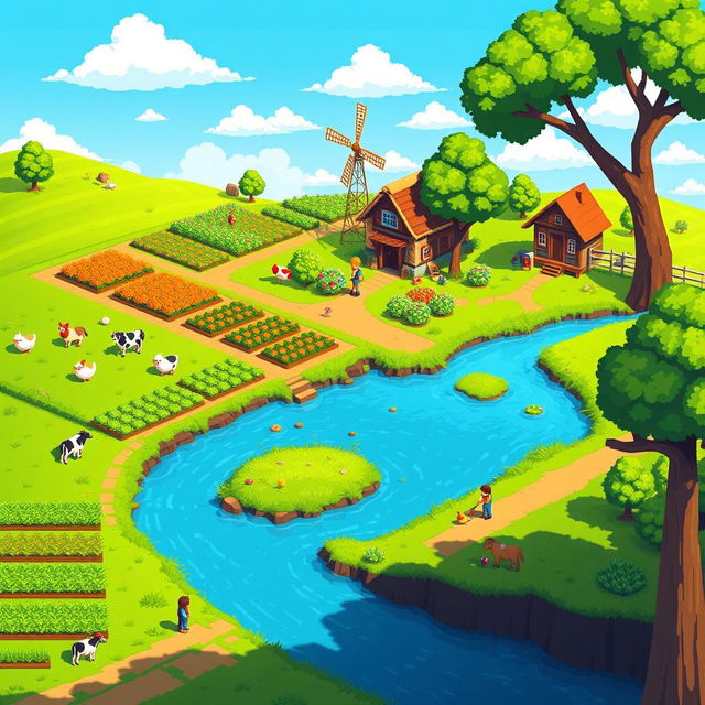 A vibrant rural game scene in pixel art style, featuring lush green fields, a small cozy farmhouse with a thatched roof, a windmill gently turning in the background, and a bright blue sky with a few fluffy clouds